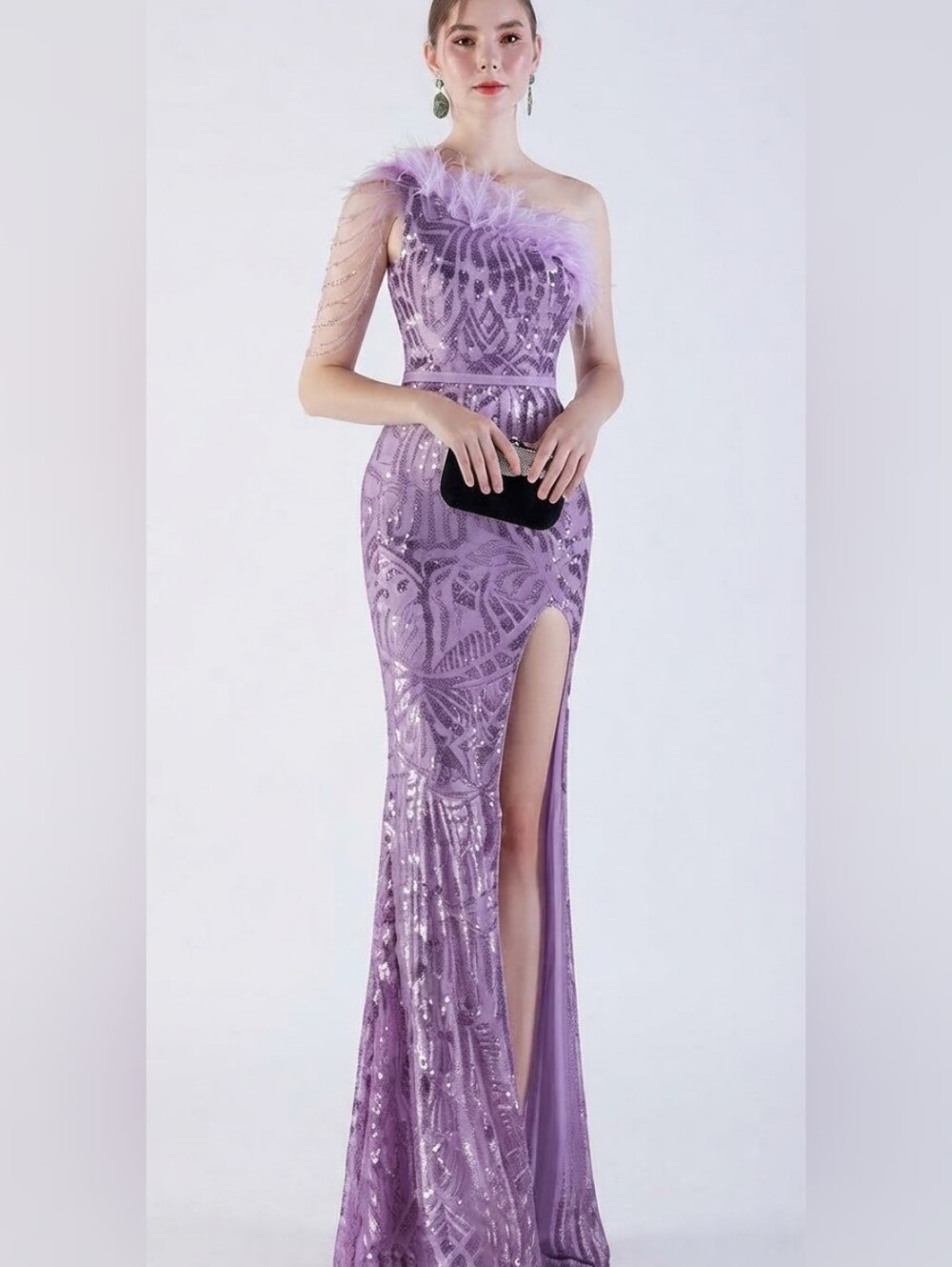 Purple, Geo Print, Assymmetrical Neck, Ostrich Feather, Sequined Gown